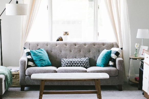 gray couch with blue pillows
