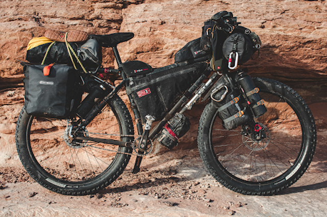 a black bicycle designed for bikepacking