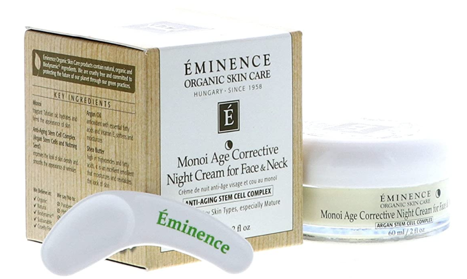 a bottle and it's box of Eminence Monoi Age Corrective Night Cream for Face & Neck