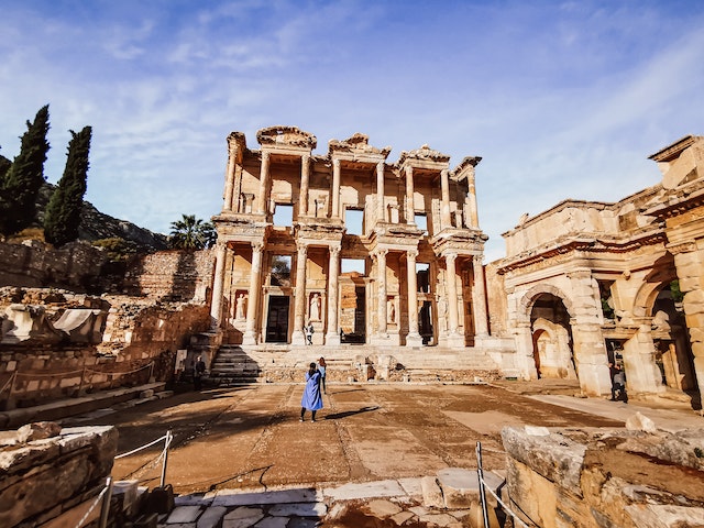 Ancient stone town with ruined buildings Caption: Ephesus is an ancient city in Turkey.