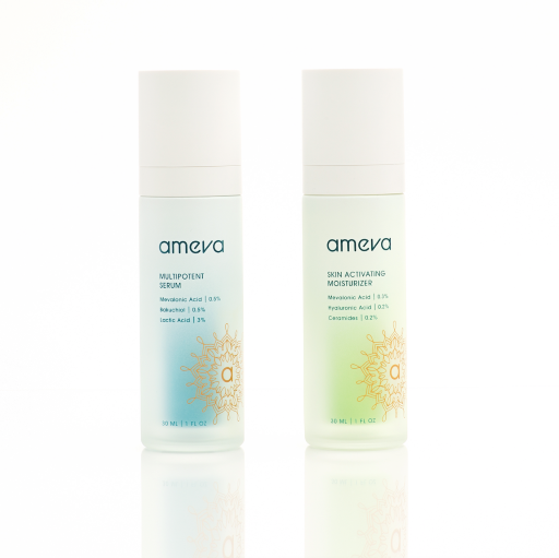 Ameva skincare products a multipotent serum and a skincare activating moisturizer.