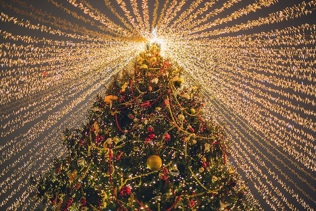A Christmas tree surrounded by lights.