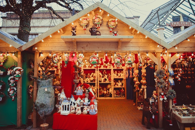 An image of Christmas gifts in a wooden store.