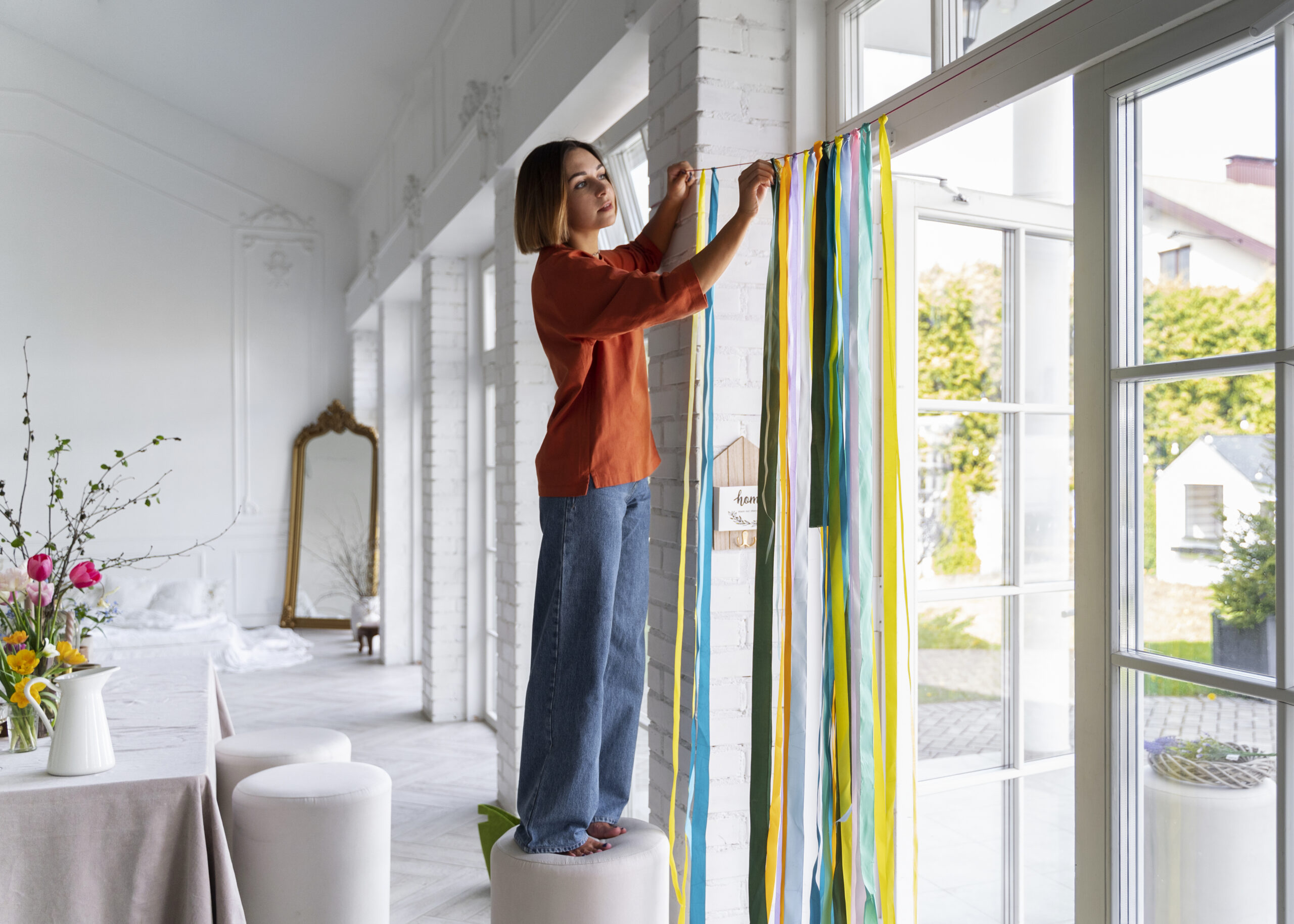 A Woman hanging curtains
