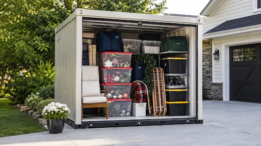 Portable storage container filled with home stuff