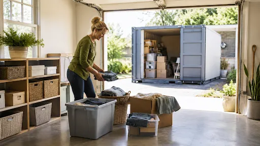 Women sorting things to and from portable storage container
