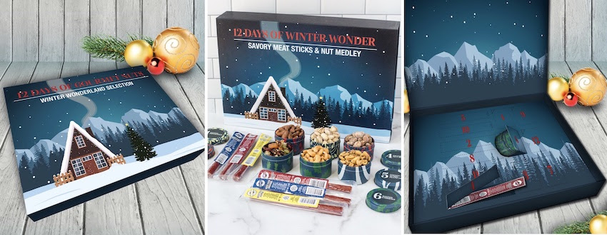 A box of 12 Days of Winter Wonder - Savory Meat Sticks and Nut Medley
