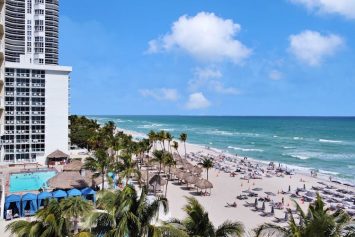 The beach, palm trees, and buildings in Sunny Isles Beach