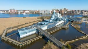 Aerial view of the USS North Carolina Battleship