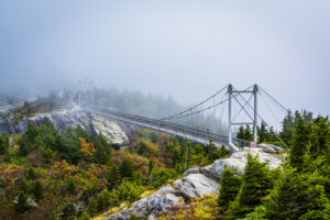 The Mile High Swinging Bridge in fog, at Grandfather Mountain