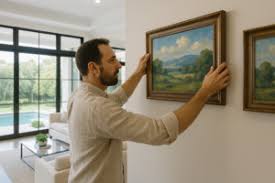 A man framing his artwork and hanging it on the wall