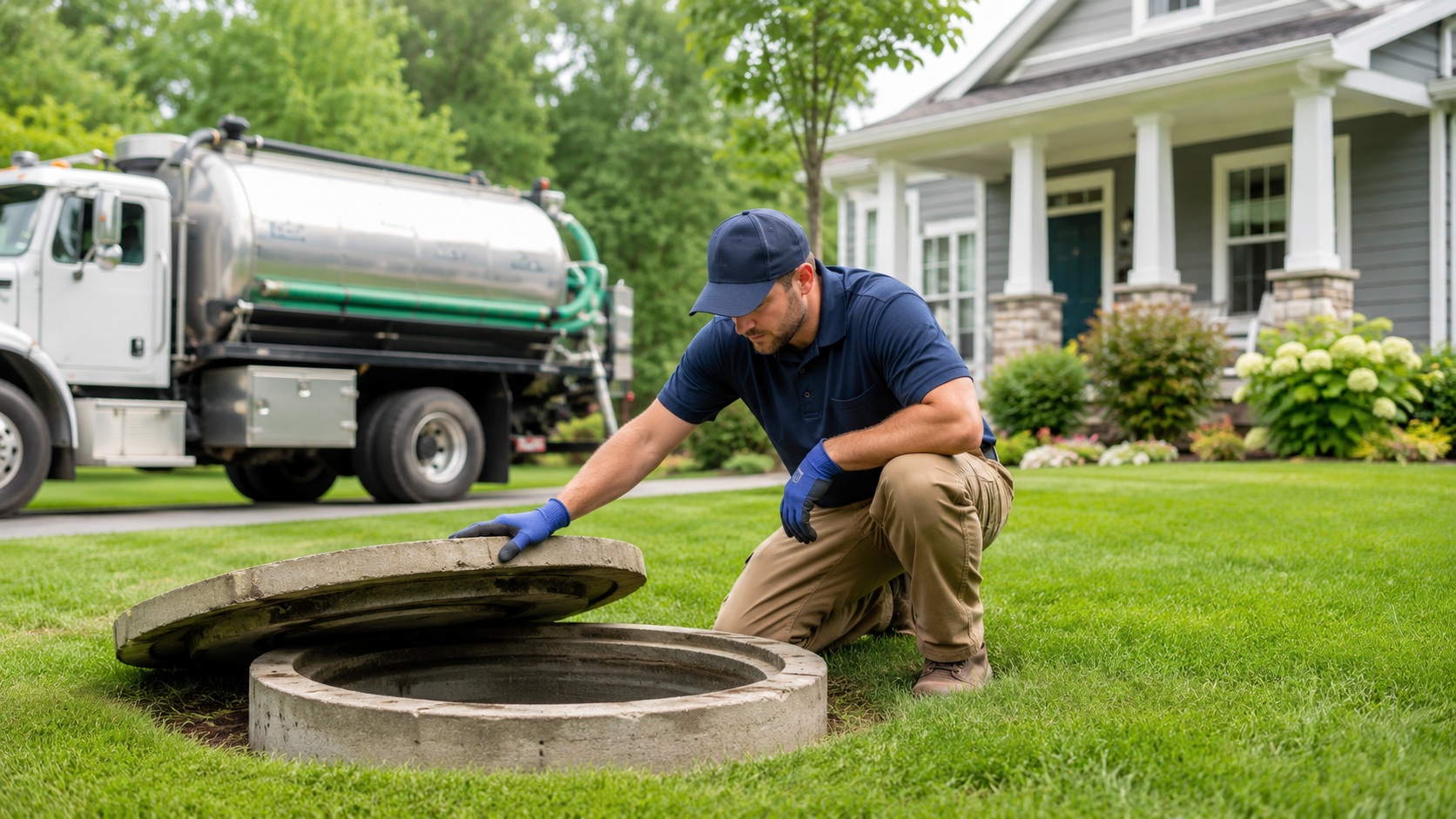 septic professional kneeling beside an open concrete septic-tank