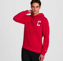 Red colored hoodie wearing model