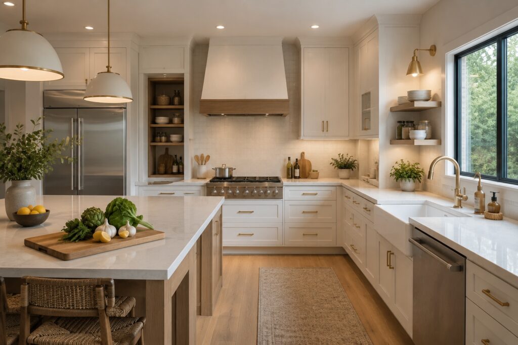 Modern remodeled kitchen with a large island, layered lighting, white cabinetry, warm wood finishes, stainless steel appliances, and practical storage.