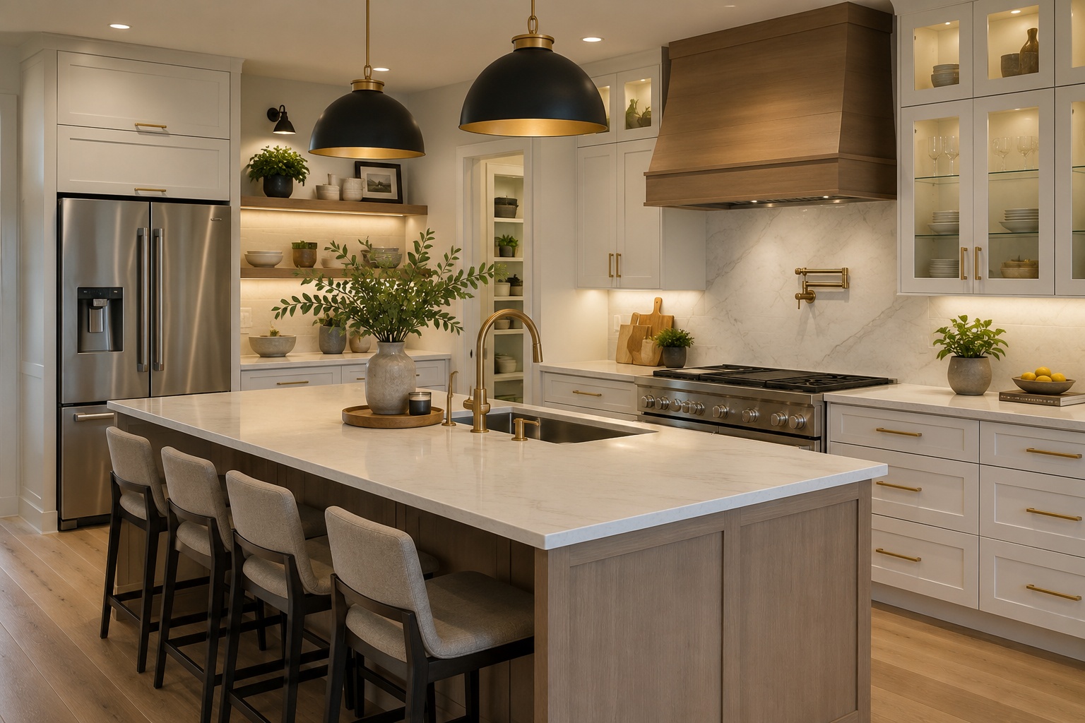 Modern remodeled kitchen with a large island, layered lighting, white cabinetry, warm wood finishes, stainless steel appliances, and practical storage.