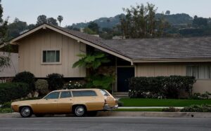 Vintage car and a old school house