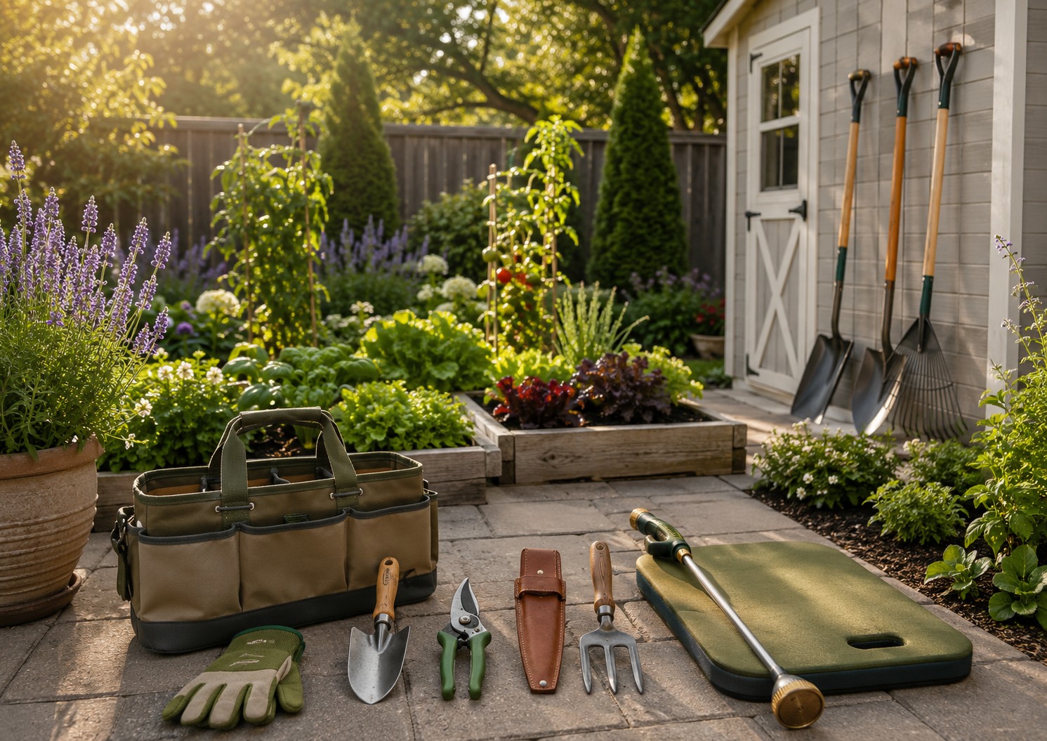 Organized garden tool kit beside raised beds and a landscaped backyard