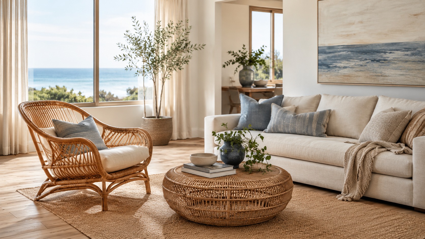 Rattan furniture in a bright modern beach home with a cream sofa, woven chairs, natural wood, and soft coastal accents.