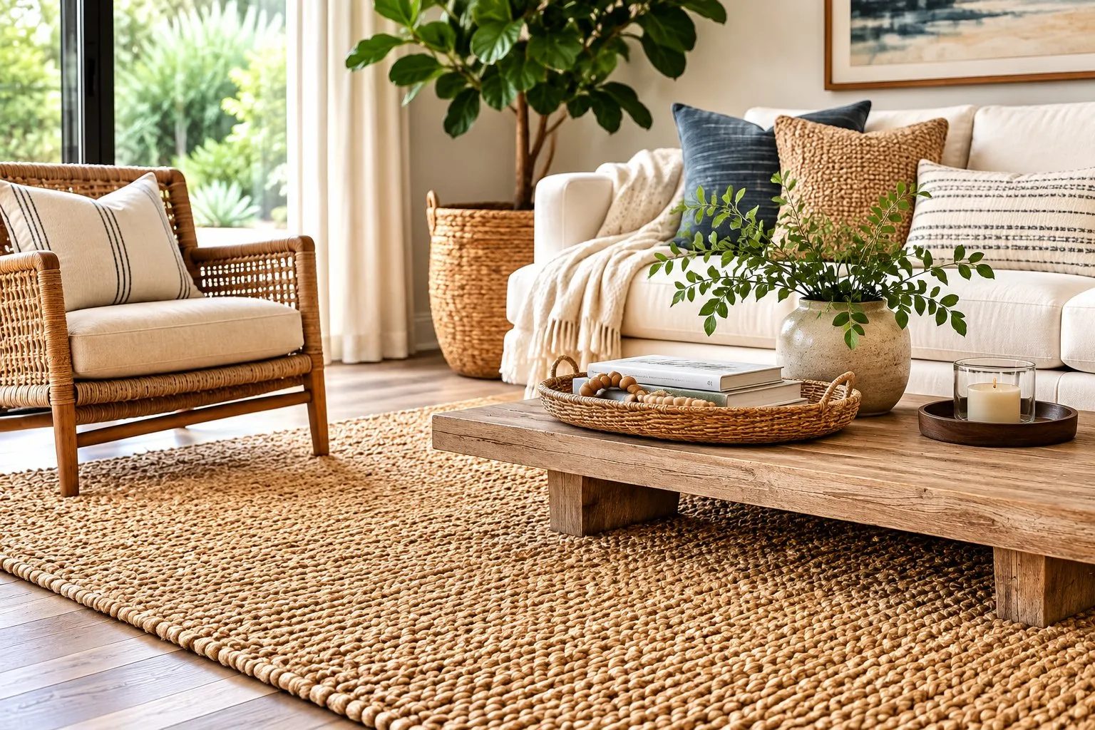 living room with a jute rug