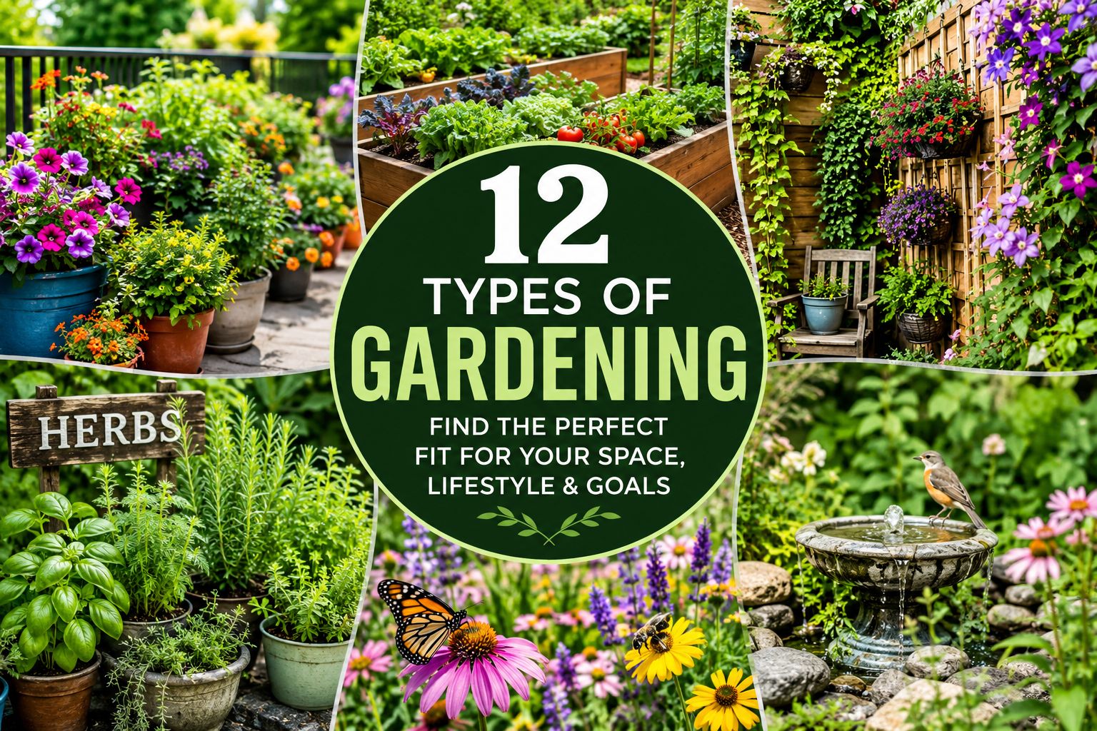 A thoughtfully designed home garden combining raised vegetable beds, containers, herbs, flowering borders and vertical plants