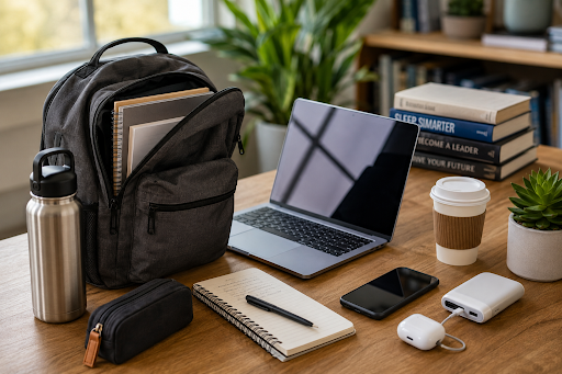 A study table full of bags, books and lunch