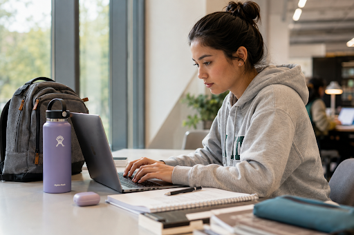 A girl studing/working on laptop
