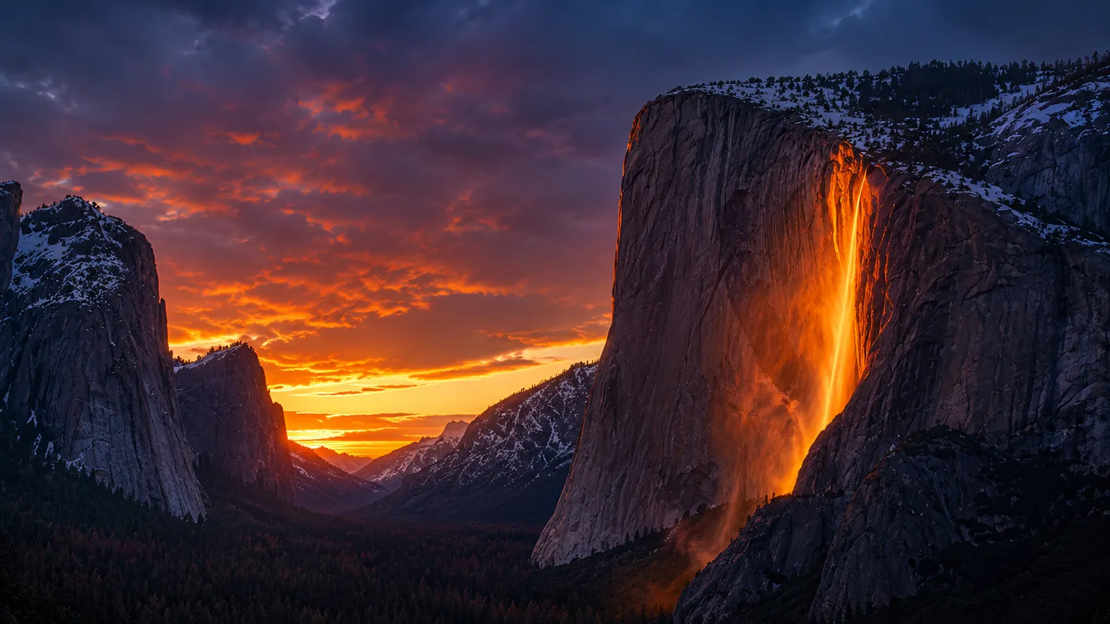 yosemite Fiery Waterfall Over Granite Valley