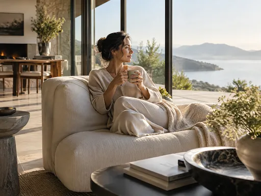 A women drinkin coffee while enjoying me time